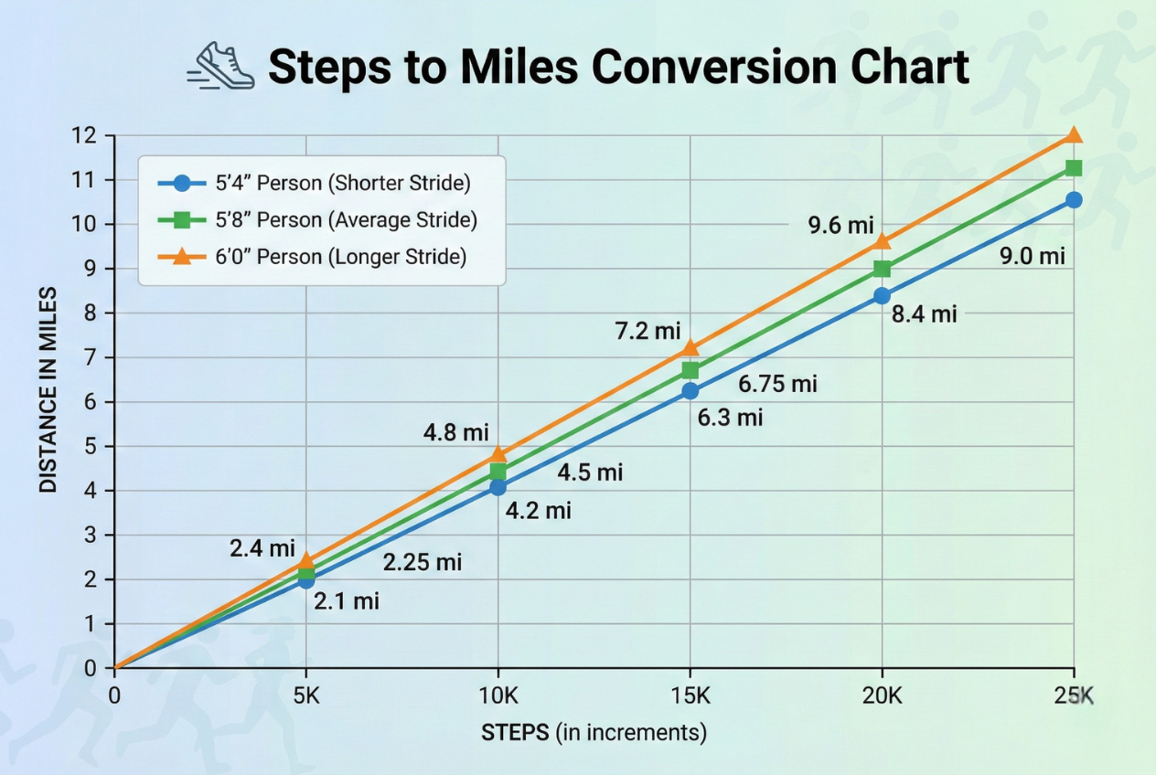 Steps to miles conversion chart showing distance covered for common step counts at different heights