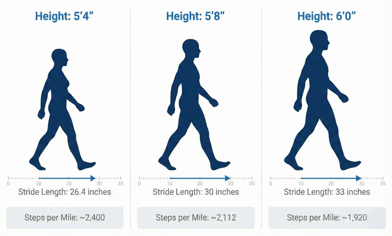 Visual comparison of stride lengths across different heights showing how taller individuals have longer strides